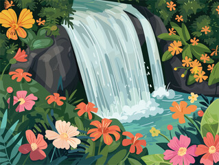 Wall Mural - Waterfall surrounded by flowers in a lush green forest