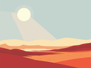 Wall Mural - a cartoon illustration of a desert landscape with the sun shining through the mountains