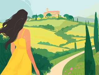 Wall Mural - a woman in a yellow dress is walking down a path in the countryside
