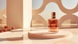 © JuliaDorian - Transparent brown glass perfume bottle mockup on pedestal with minimalist background. Eau de toilette. Mockup, spring flat lay.