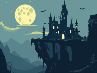 Wall Mural - A castle on a cliff under a full moon, creating a magical atmosphere