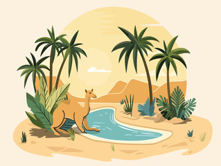 Wall Mural - A camel stands by a river in the desert, surrounded by palm trees