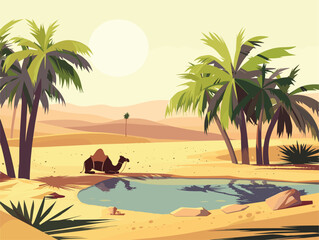 Wall Mural - Camel by pond in desert oasis with palm trees, water, and blue sky