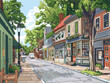 An urban painting featuring shops, trees, and buildings on a small town street