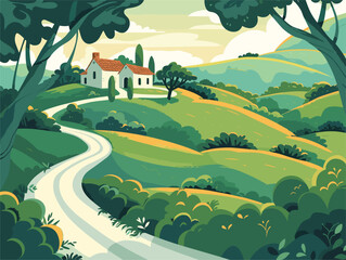 Wall Mural - a cartoon illustration of a road going through a lush green landscape with a house in the background