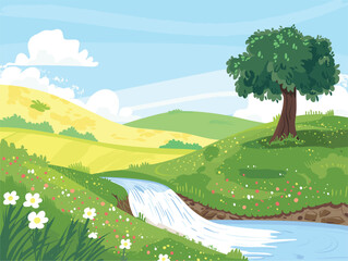 Wall Mural - a cartoon illustration of a river flowing through a lush green field with a tree in the foreground