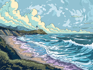 Wall Mural - A beach painting with a distant lighthouse under an azure sky and water