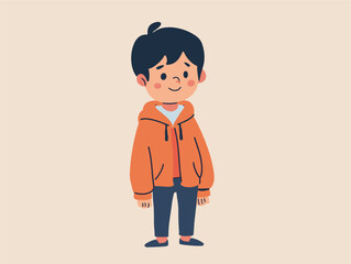 Wall Mural - cartoon boy in orange hoodie and black pants on beige background