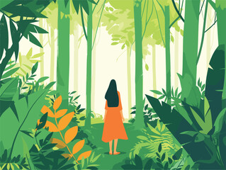 Wall Mural - A woman in an orange dress stands in the center of a lush green forest