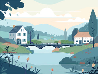 Wall Mural - Bridge crosses river with houses and sky in the background