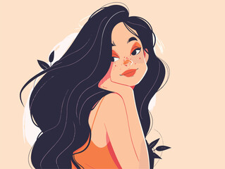 Wall Mural - cartoon illustration of a woman with long black hair, freckles, and a headgear