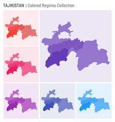 Fototapete - Tajikistan map collection. Country shape with colored regions. Deep Purple, Red, Pink, Purple, Indigo, Blue color palettes. Border of Tajikistan with provinces for your infographic.