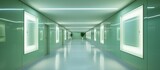 Fototapeta Perspektywa 3d - A long hallway in a modern hospital is lined with several mirrors on the green walls, reflecting the illuminated passage.