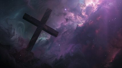 Sticker - A cross is floating in the sky above a purple cloud