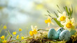 Vibrant Easter eggs rest in a natural setting surrounded by blooming daffodils, symbolizing rebirth and the spring season