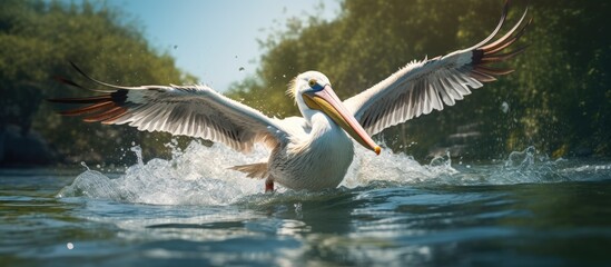 Sticker - A pelican flaps its wings gracefully as it swims through the water in a captivating slow pan shot, showcasing its majestic movements in detail.