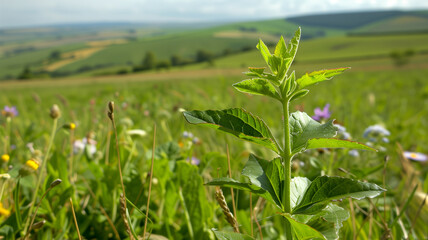 Wall Mural - A green plant is growing in a field with yellow flowers in the background