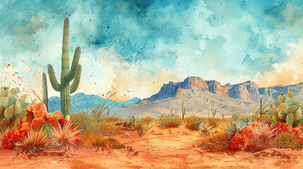 Wall Mural - Watercolor background with desert and cacti