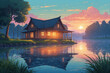 House by the lake at sunrise, foggy morning. In anime style