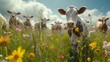 Curious cows among vibrant wildflowers, a quintessence of pastoral life.