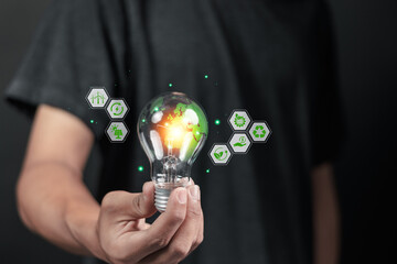 Green energy concept. Sustainability development and global green business. Person hold light bulb with green energy icon on virtual screen for renewable energy.