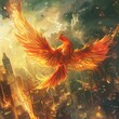 A phoenix rising from the ashes of bankruptcy soaring over a thriving cityscape of prosperity