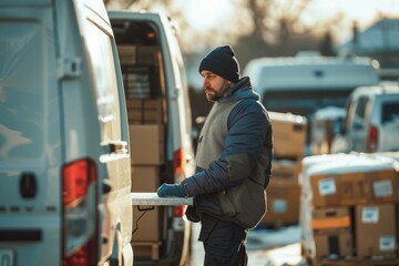 Wall Mural - Delivery man loading van on parking lot