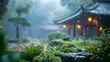 A serene and beautifully landscaped oriental garden bathed in rain, with bright lanterns casting a warm glow over the wet foliage and traditional architecture in the background.