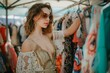 © senyumanmu - Young woman choosing dress hanging on clothes rack at flea market