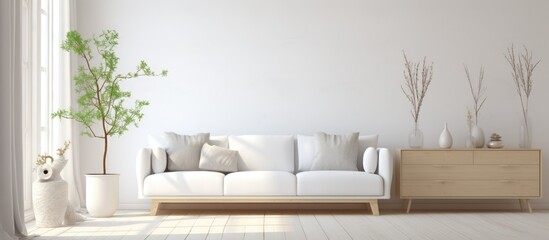 Wall Mural - A white Scandinavian living room featuring a white couch, white walls, a dresser, vases on a wooden floor, and decor on a large wall, with a view of a white landscape through the window.