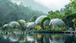 Innovative eco-domes in a mountain forest during rain. Sustainable living and advanced botanical garden concept. Design for green technology publication