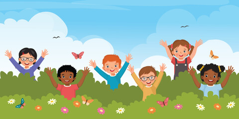 Sticker - Group of multi ethnic kids students playing behind bushes waving hands