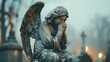 sad angel statue at the cemetery with copy space for text funeral concept 