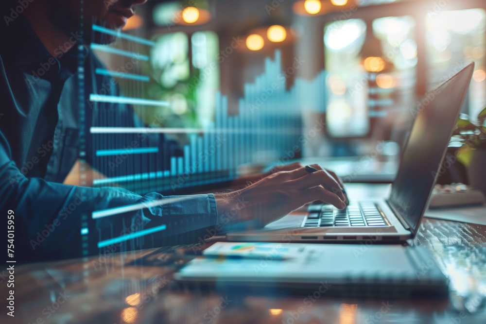 Project manager working on laptop and updating tasks and milestones progress planning with Gantt chart scheduling interface for company on virtual screen