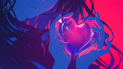 Wall Mural - anime girl holding a glowing heart logo