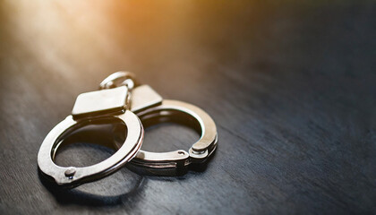 Handcuffs on dark table, symbolizing confinement and control. Dark background with backlighting, suggestive of secrecy and constraint