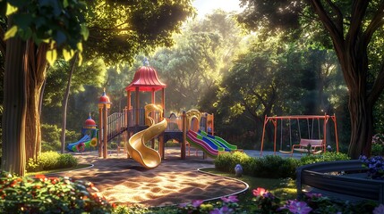 A children's playground with colorful slides in the park