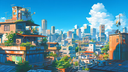 Wall Mural - Amazing anime city building illustration