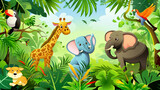 Fototapeta Dinusie - Bright tropical background with cartoon jungle animals 