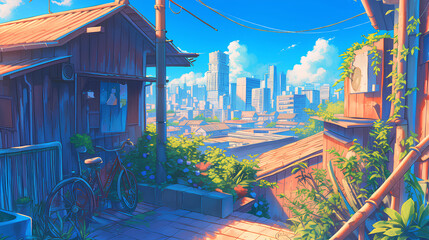 Wall Mural - Amazing anime city building illustration