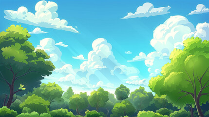 Cartoon background for game and animation Green forest with blue sky and clouds Landscape 