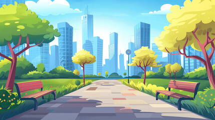 Canvas Print - cartoon illustration of a modern empty city park with skyscrapers buildings background 