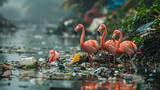 Fototapeta  - Plastic waste surrounding wild flamingo birds. Environmental pollution by humans.