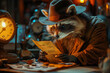 Raccoon in a detective hat examining clues in a dimly lit room an anthropomorphic mystery unfolding