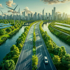 Renewable energy advancements visualized through wind solar and electric vehicles illustrating the transition to a green economy amidst climate change adaptation