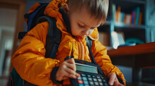A child trying on a new backpack filled to the brim with folders binders and a calculator all necessities for a successful school year.