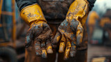 Fototapeta  - Greasy and dirty hand gloves of a sanitation worker.