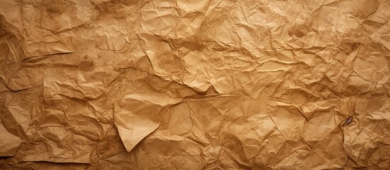 Poster - detailed close-up view of a textured brown paper with a vintage, old appearance. the paper is crumpl