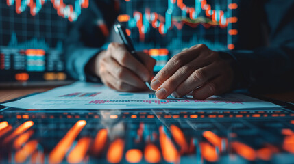 Fototapete - Close up hand of businessman and stock market analysis in a background. Analyst stock market trading graph. Data statistic concept. Generative Ai Illustration.