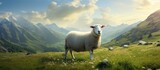 Fototapeta Zwierzęta - A white sheep with pristine feet stands on a lush green grassy hill, surrounded by mountains, under a shining sun and open sky.